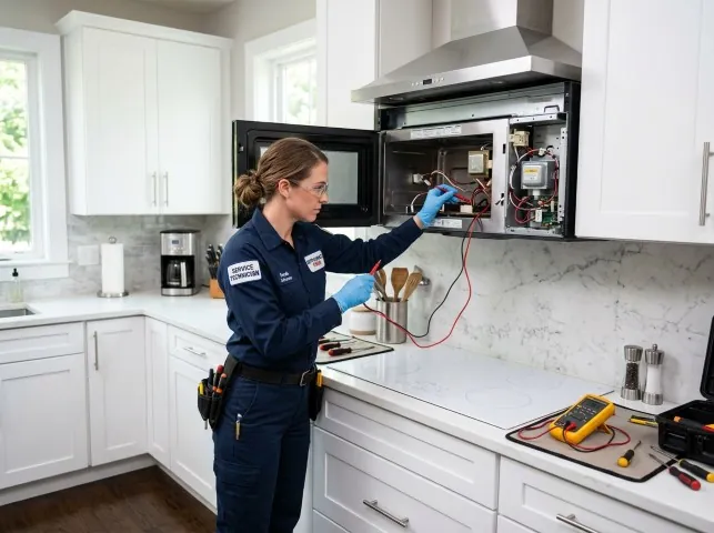 Appliance Repair Hero technician testing an over-the-range microwave in a Astatula, FL kitchen
